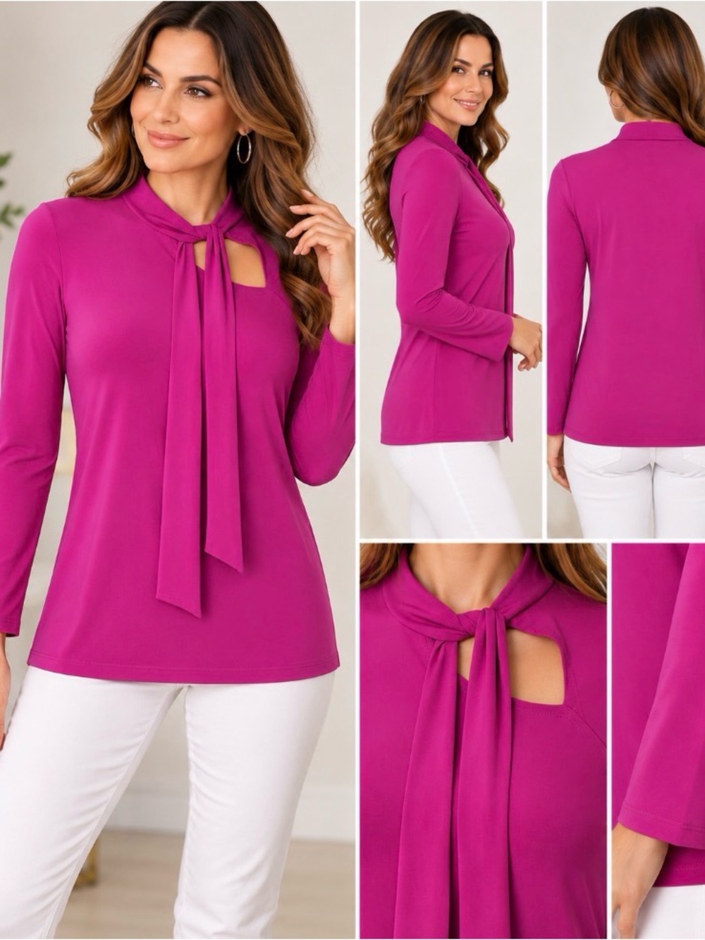 Joseph Ribkoff Fuchsia Tie Neck Keyhole Long Sleeve Top Size 6 Made in Canada